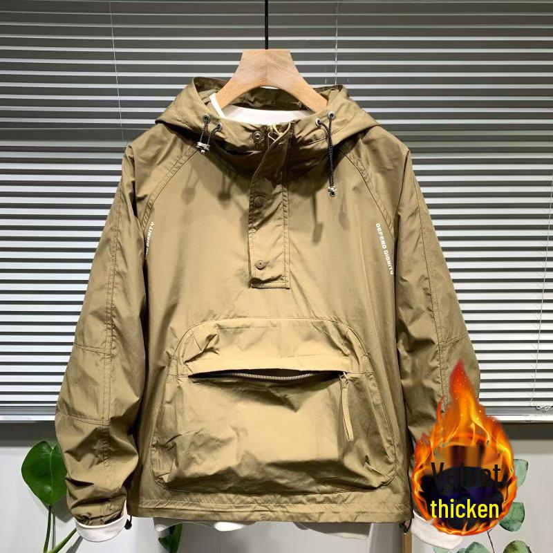 Мужская весенняя рабочая куртка с капюшоном и большим карманом на молнии - повседневный свободный модный пуловер