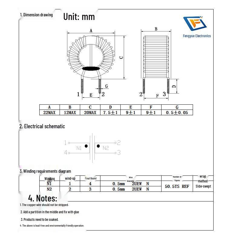 Ferrite Core Common Mode Choke Coil 30mH, 18x10x7mm, 0.5mm Wire, 50 Turns, Split Winding with Separator