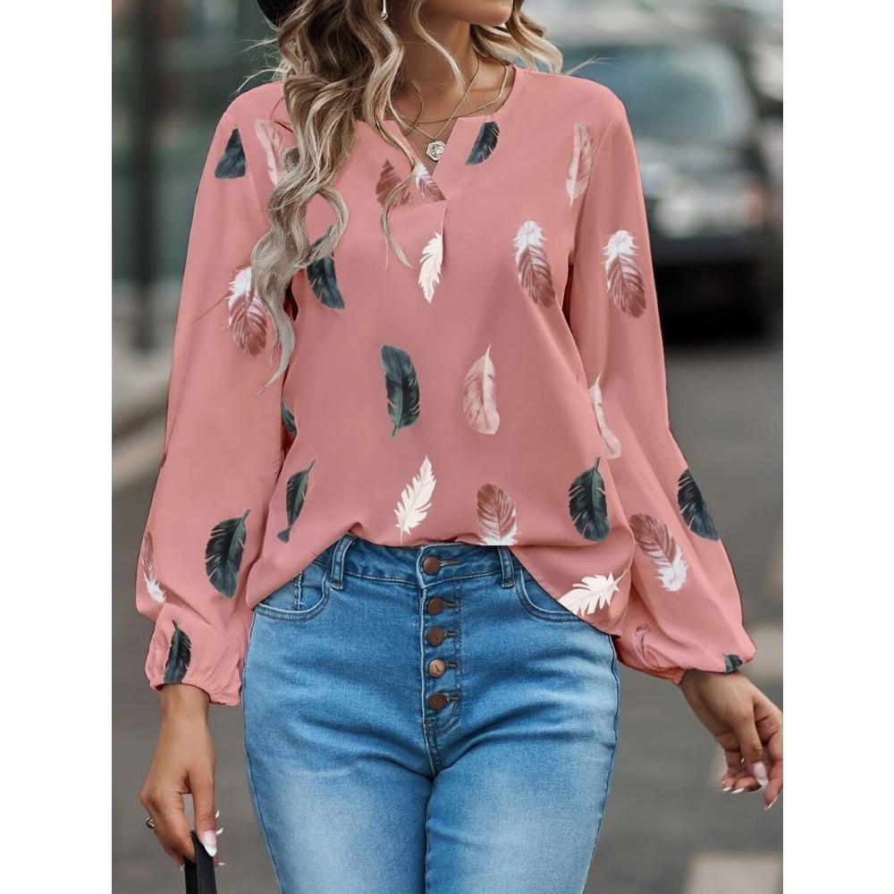 GMXIA Women's Spring Summer V-neck Feather Print Long Sleeve Loose T-shirt Top for Women