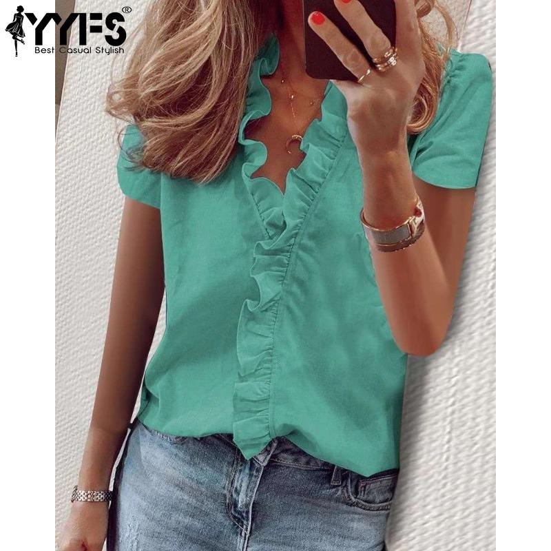 YYFS Women's Fashion Casual Summer Spring Solid Color Print Short Sleeve V-Neck Blouses & Shirts