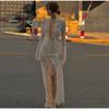 Lace Hollow Out Women's Dresses Sexy Deep V Split Long Dresses Lace Up Long Sleeve Maxi Dress Elegant Beach Party Ladies Dress