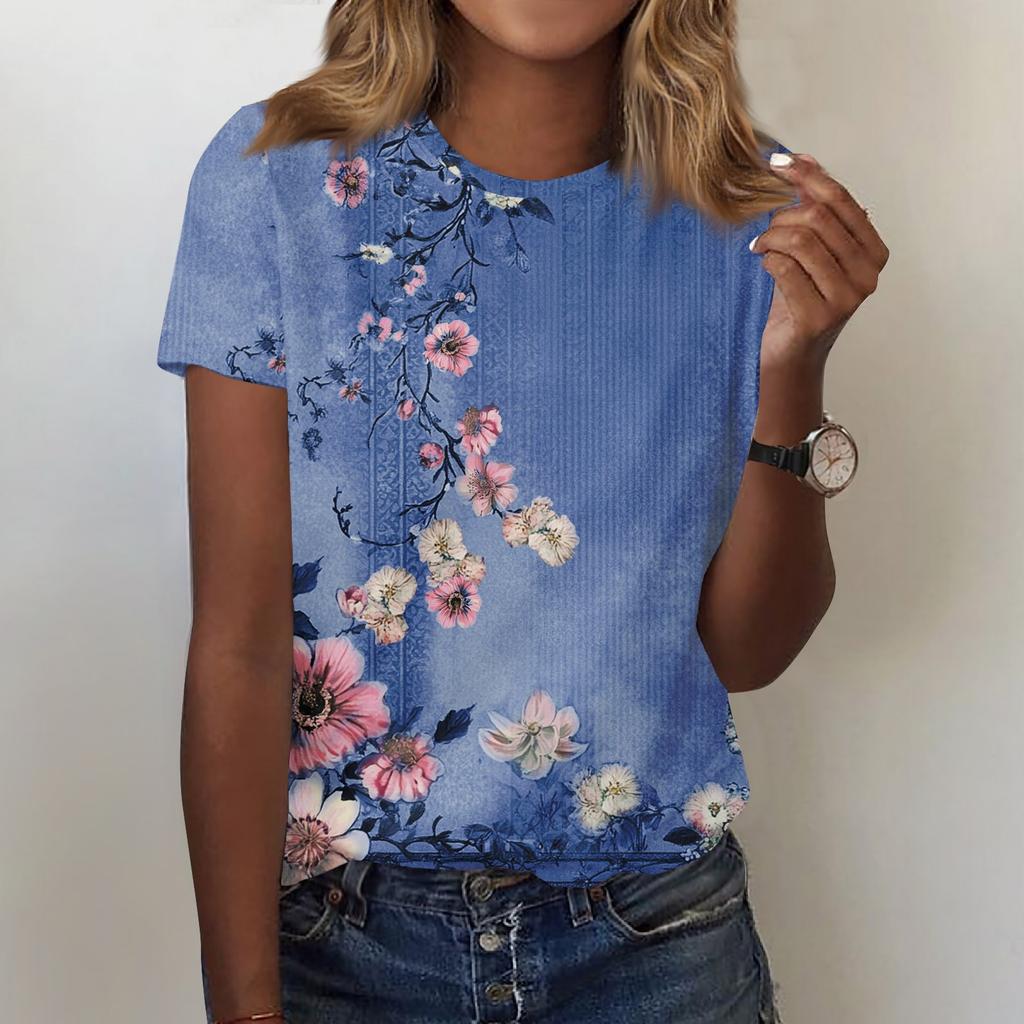 Women's Fashion Casual Printed Round Neck Short Sleeved T-Shirt Top T-Shirt Top Top