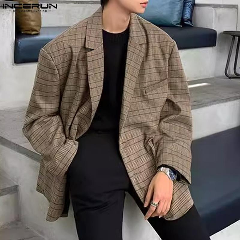INCERUN Мужской пиджак с зазубренными лацканами и длинным рукавом в клетку, повседневный свободный пиджак