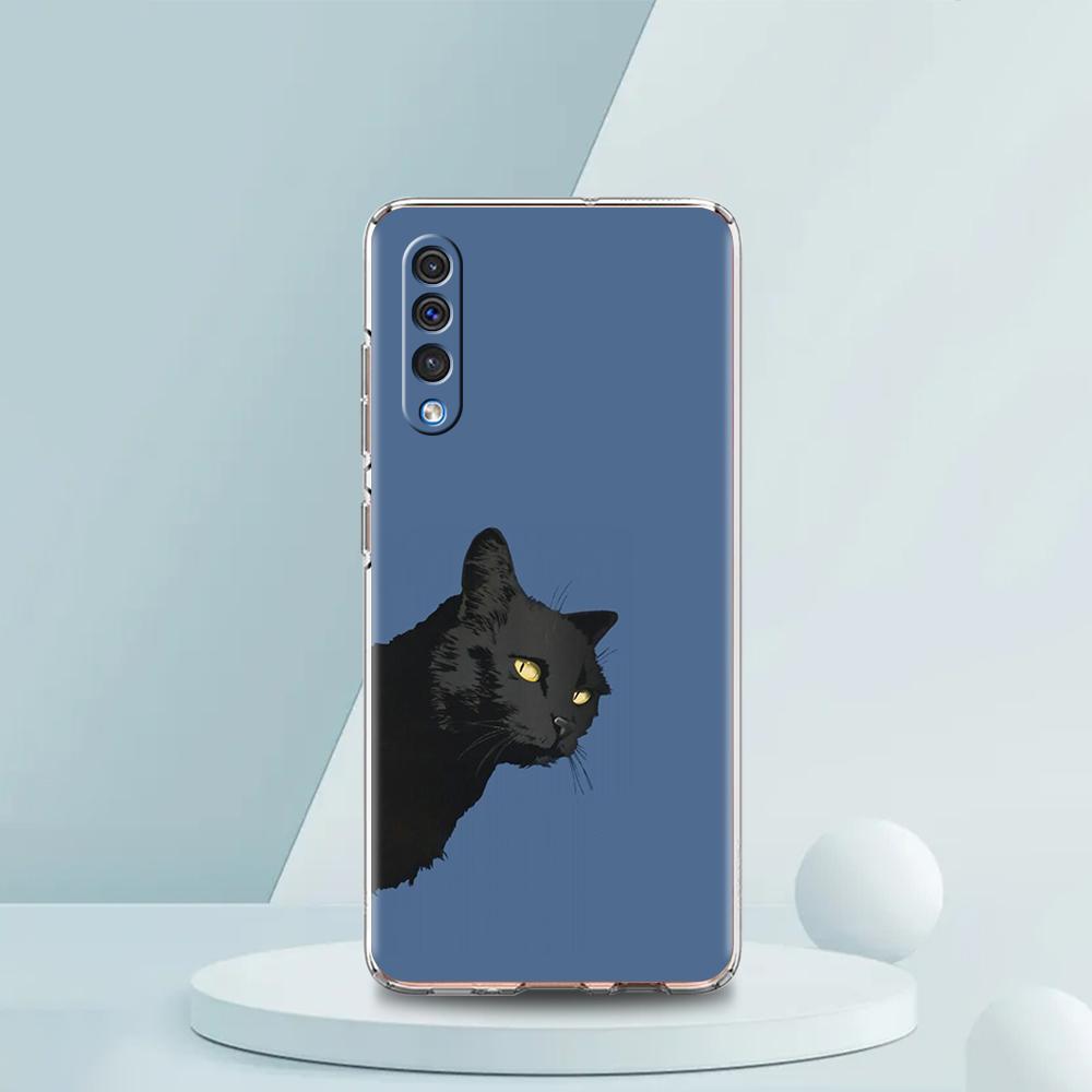 Милый чехол с изображением черного кота для Samsung A54 A52 A50 A70 A30 A40 A20S A20E A02S A12 A14 A22 A42 A72 A34 A32 5G A04s, прозрачный чехол