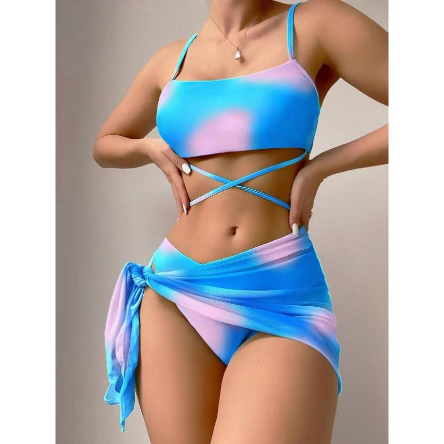 Tie Dye Halter Bikini Female Swimsuit Women Swimwear 3 Pieces Bikini Set with Sarong Bather Bathing Suit Swim