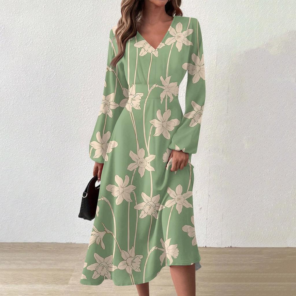 Женское осеннее и зимнее повседневное модное длинное платье с v-образным вырезом и длинным рукавом с цветочным принтом