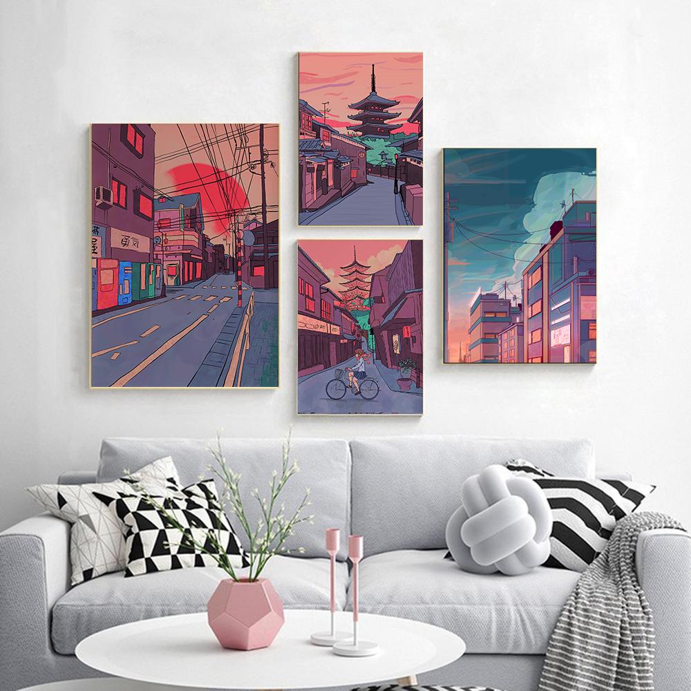 Плакаты с комиксами Киото, прогулка по городу, городские принты, мультяшный японский вид, уличный пейзаж, живопись, настенные художественные фотографии для декора гостиной