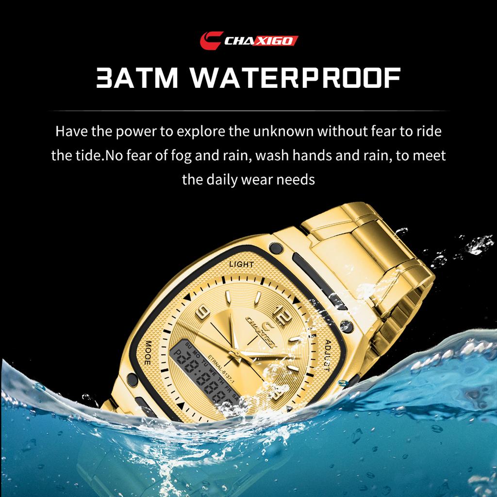 Мужские аналоговые часы с двойным дисплеем на стальном браслете, люминесцентные стрелки, водонепроницаемость 30 м, кварцевые часы