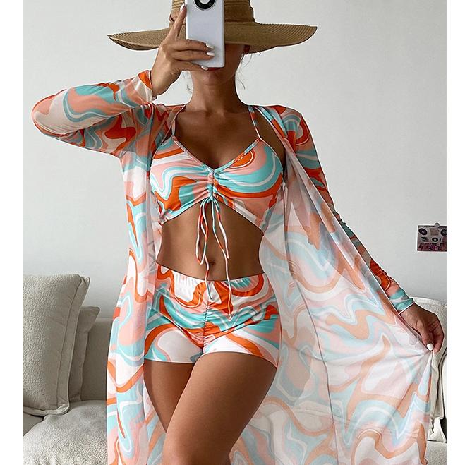 Women Swimsuit High Waist Bikini Set Three Pieces Women Sexy Long Sleeve Cover Up Swimsuit Beach Bathing Suits Swimwear