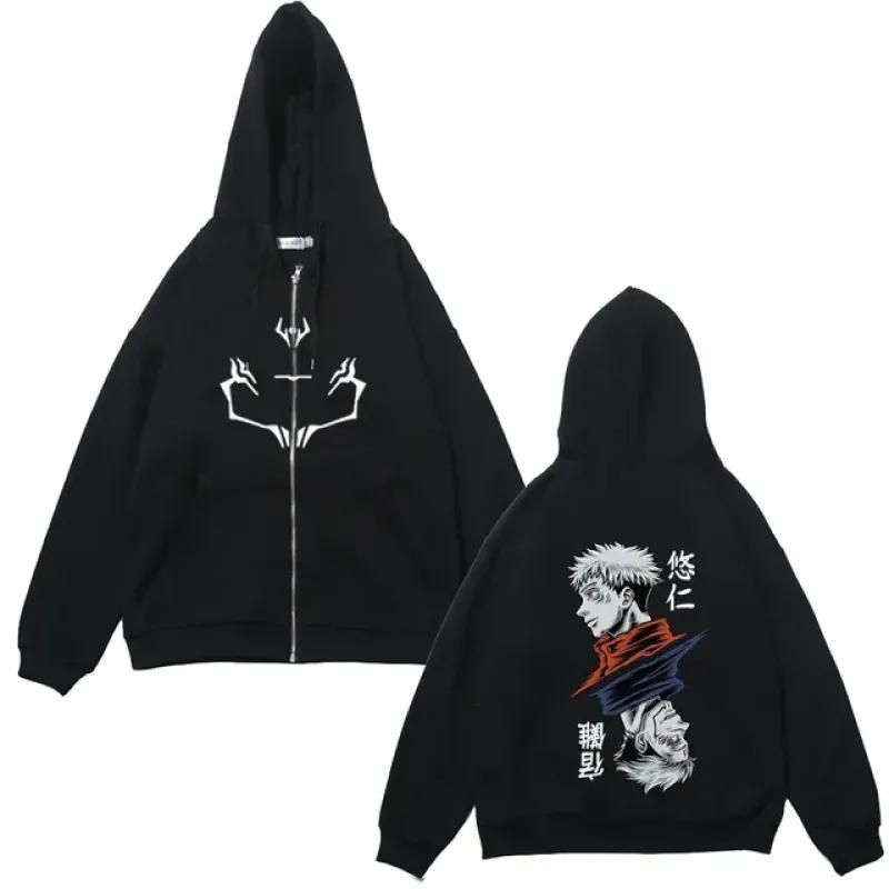Куртки на молнии в стиле аниме, толстовки с принтом Jujutsu Kaisen, флисовые толстовки с принтом Satoru Gojo, манга, повседневные пальто, уличная одежда, одежда Y2K