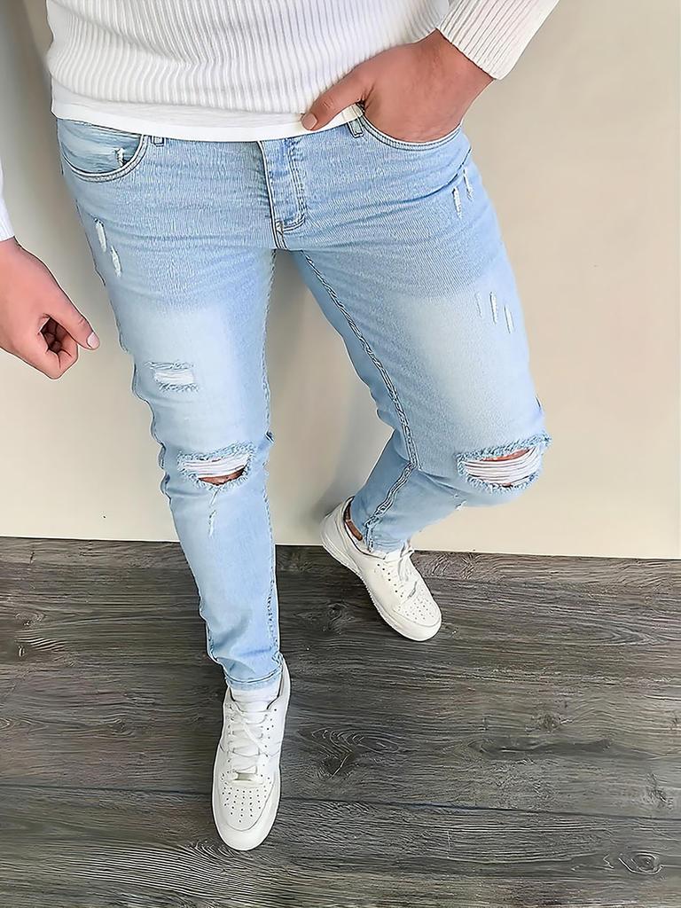 Summer New Men'S Slim-Fit Ripped Jeans Elastic Trousers Men'S Pants Light Blue