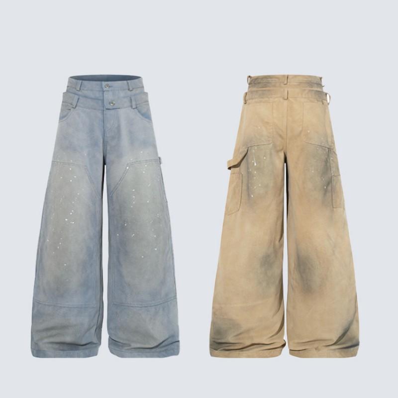 Unisex Wide Leg Distressed Washed Denim Pants With Double Waistband Loose Fit Straight Hem