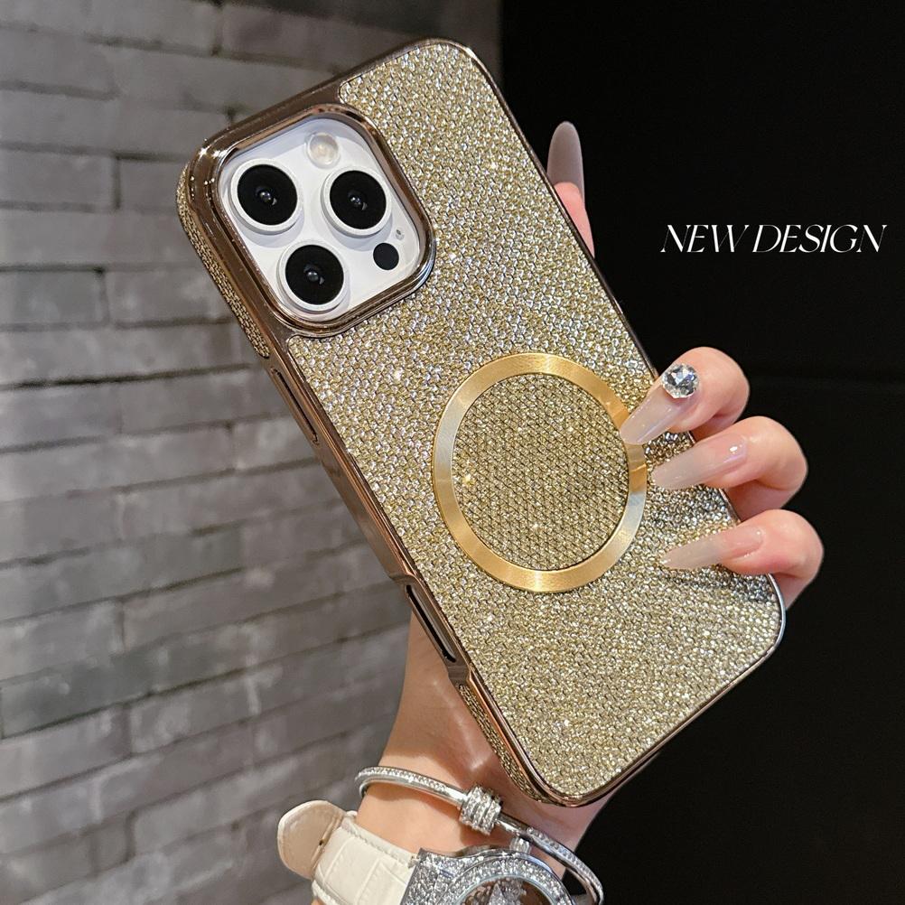 Shiny Rhinestone Glitter Plated Border Magnetic Ring Case for iPhone 16 Pro Max 15 Plus 14 + 13 Pro 12 11 Lens Protection Cover