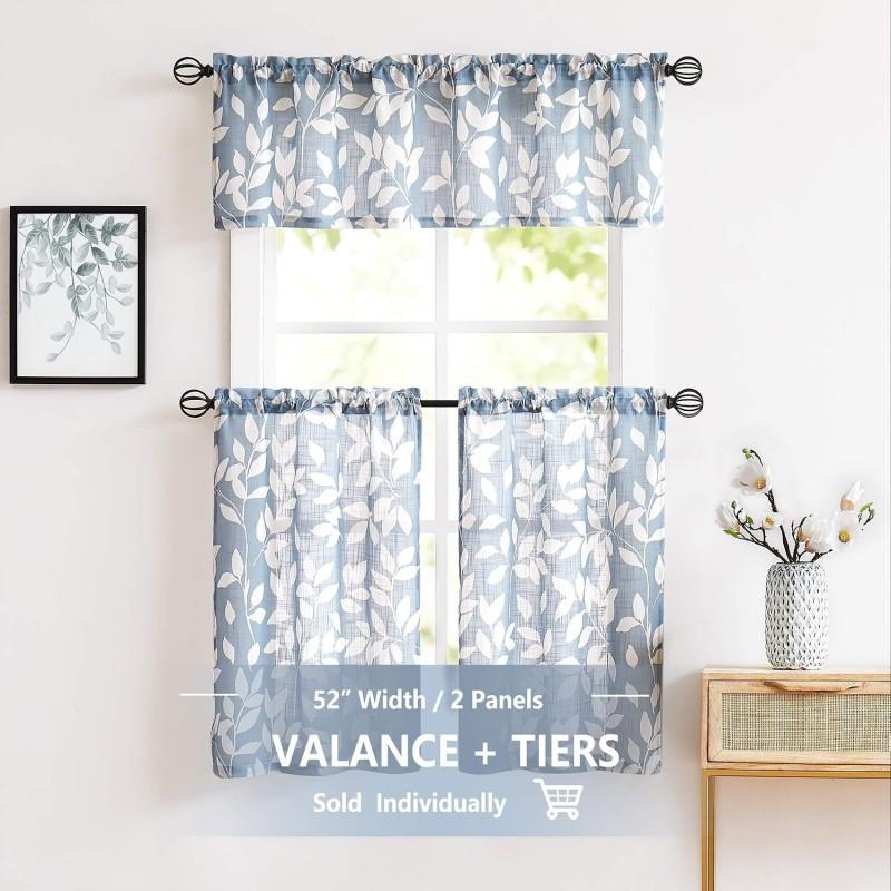 Sheer Short Curtain Panel With Minimalist Leaf Print Cafe Kitchen Window Decor In Navy Blue