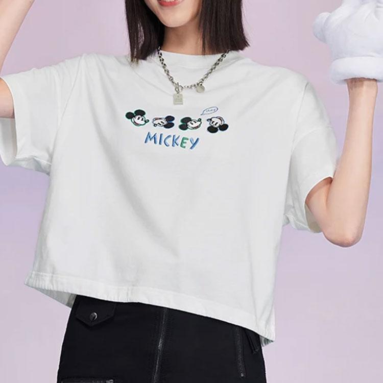 Li Ning X Disney Collaboration Sports Lifestyle Series с принтом Микки Мауса, свитер с круглым вырезом и коротким рукавом, женские топы, белый цвет AHSS876-1