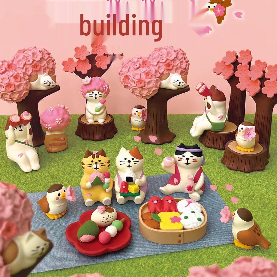 ZAKKA Cherry Blossom Miniature Japanese Cat Ornaments - Cute Heart-Shaped Desktop Decor Gifts.