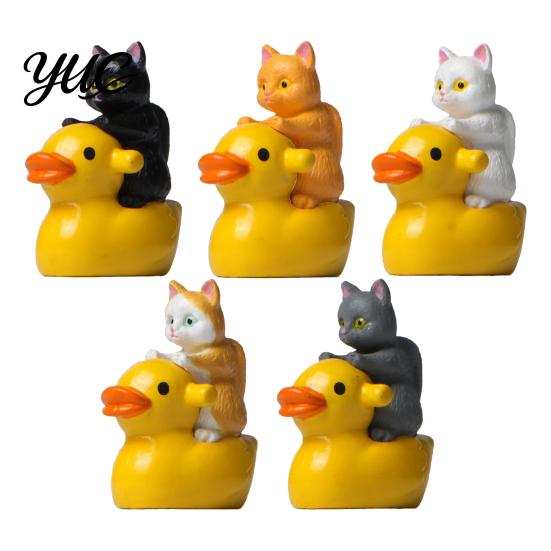 Funny Duck Cat Decor Riding Figurine, Cute Mini on Duck, Miniature Fairy Garden Accessories, Hand Painted Animal Ornament Small Statue for Micro
