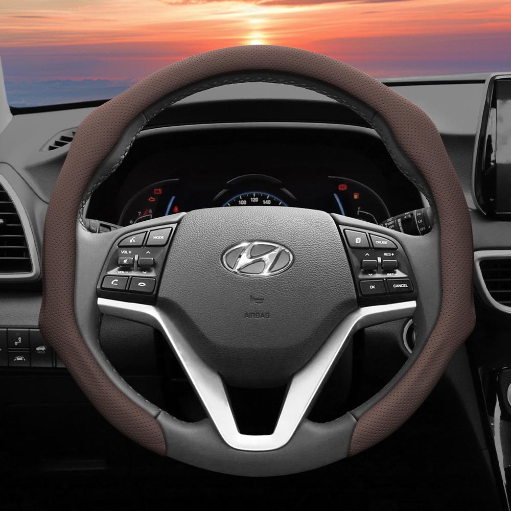 Подходит для Hyundai, Кожаная перфорированная накладка на рулевое колесо, Нескользящая, Впитывающая пот, Дышащая, Интегрированный защитный чехол Elantra N Sonata Ioniq