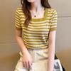 2025 Summer Women's Slim Fit Short Sleeve Striped Ice Silk Knit Top with Square Neck