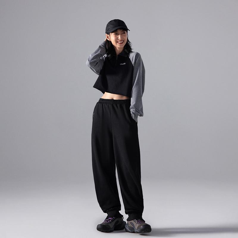 Штаны женские спортивные свободные трикотажные из флиса Li Ning CF Suo, черные, с зауженным ворсом, поглощающие тепло AKLUB58-4
