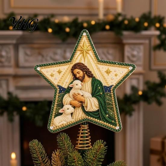 DIY Festive Craft Kit Christian Faux Pearl Art Christmas Tree Topper Kit, Faith Nativity Holiday Handcrafted Ornament Decoration, Handmade Beaded Star