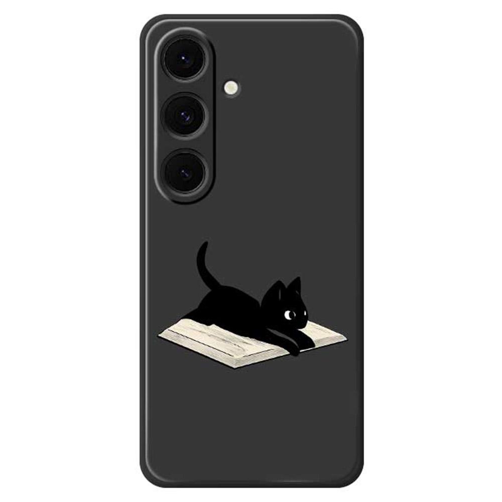Чехол-книжка для Samsung Galaxy S25+ с печатью узора «Книга и кошка», задняя крышка телефона из ТПУ с прямыми краями
