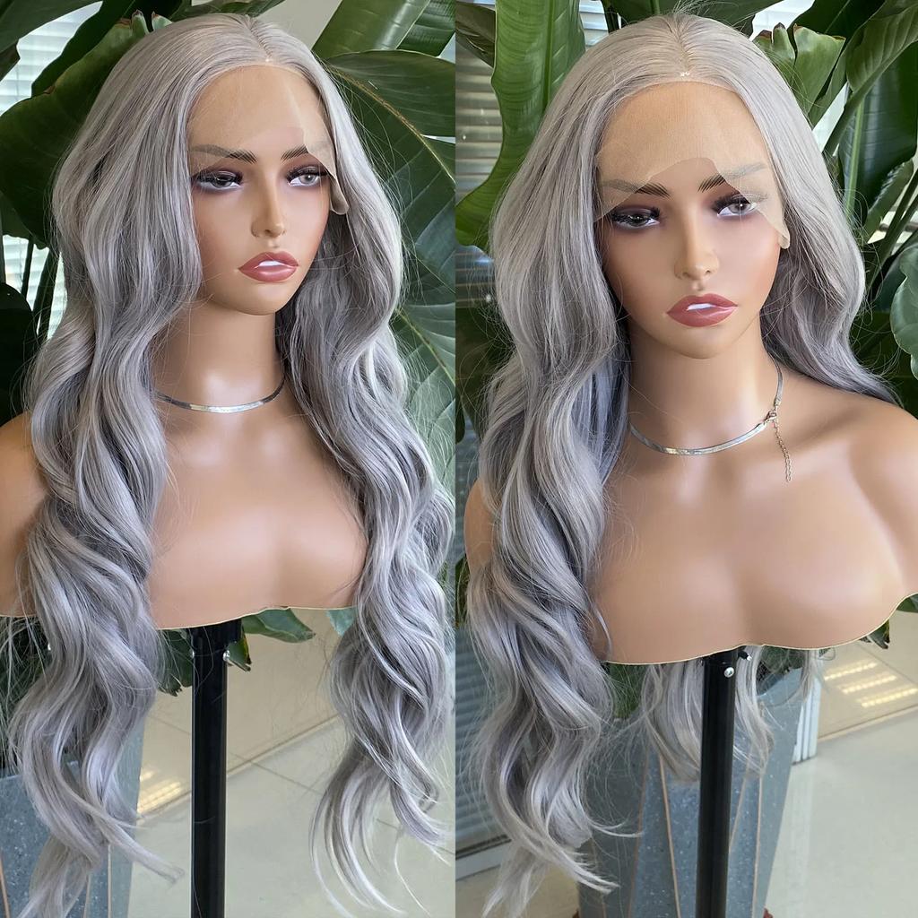 AIMEYA Platinum Blonde Synthetic Lace Front Wig Long Body Wave Natural Hairline Wigs Heat Resistant Fiber Hair Daily Use Csplay