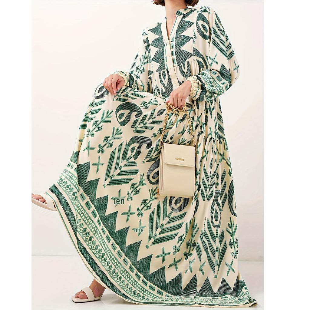 Elegant Green Modest Dress for Muslim Women – Soft, Comfortable, Long Printed Design