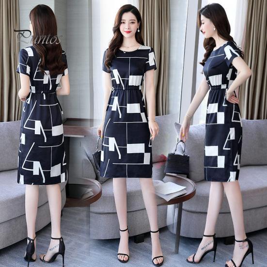 Женское повседневное платье с круглым вырезом и узкой талией с цветным принтом, облегающее платье длиной до колена с короткими рукавами, деловое платье для покупок, свиданий, платье миди