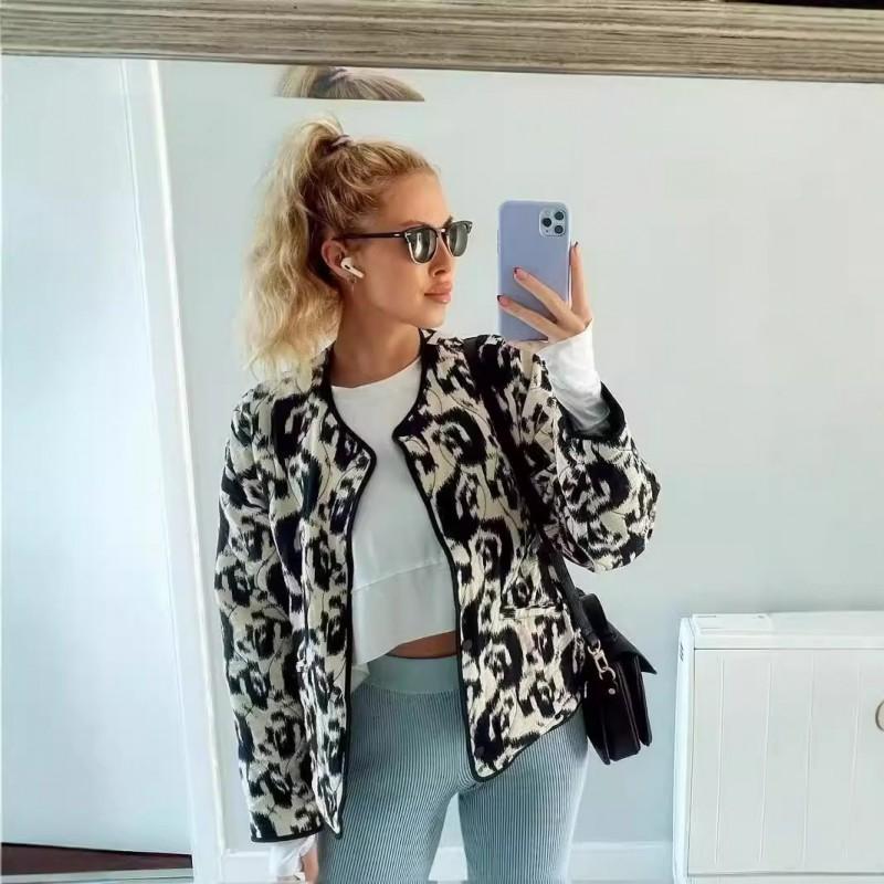 Womens Winter Fashion Loose Printed Quilted Cotton Coat Street Style Round Neck Single Breasted Long Sleeve Daily Wear