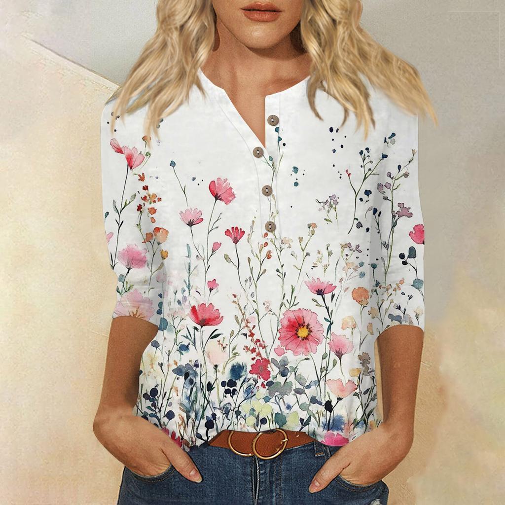Женский свободный повседневный топ с рукавом семь четвертей и цветочным принтом с круглым вырезом на пуговицах