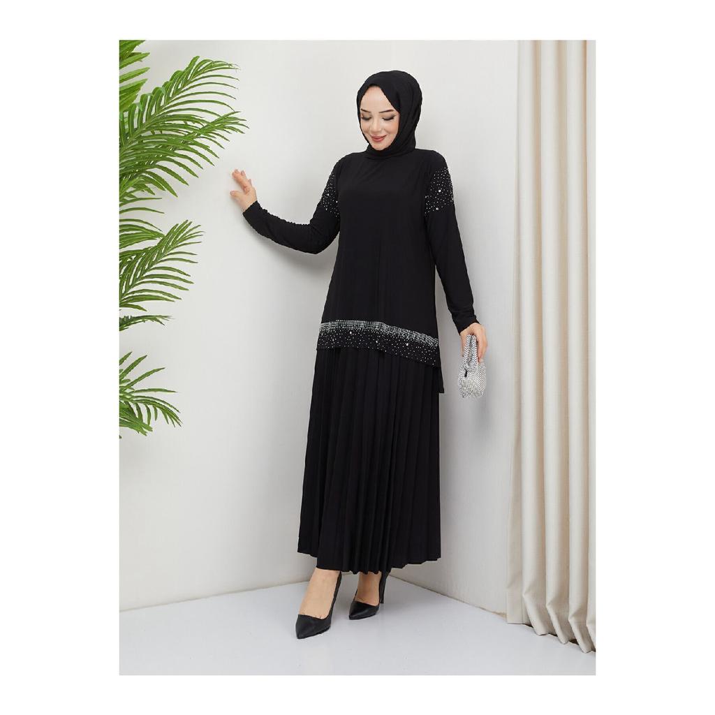 Женская черная песчаная передняя часть и рукава, блузка с вышивкой Dms, юбка, плиссированная двойная юбка в хиджабе, комплект