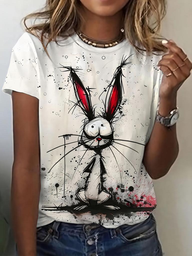 Summer Cartoon Cute Rabbit Printed Women's Short Sleeved T-Shirt Fashion Casual Oversize Tees Elegant Round Neck Woman Clothes