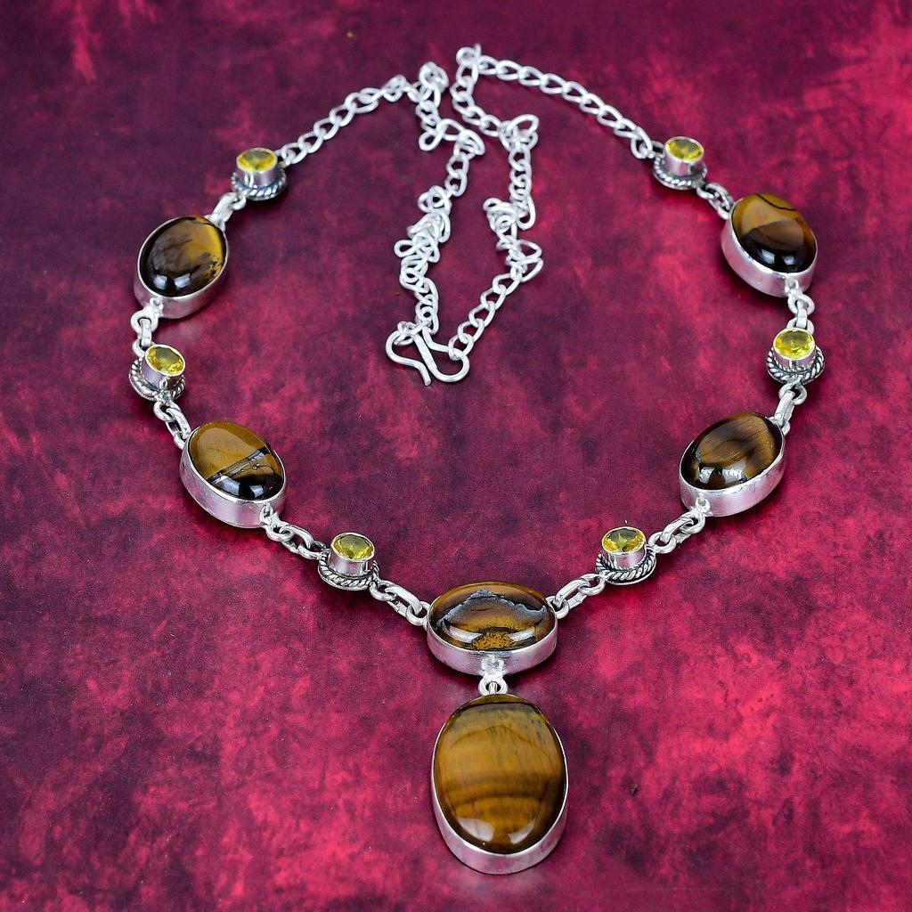 Ожерелье из тигрового глаза и цитрина из стерлингового серебра 925 пробы, регулируемое, цепочка, ожерелье из драгоценных камней ручной работы, подарок для мамы, антикварные украшения