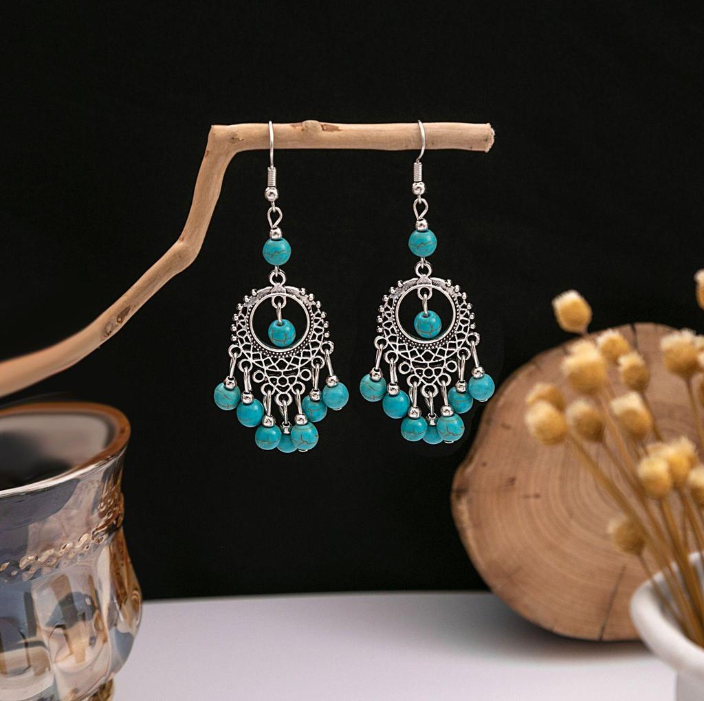 European and American Retro Hollow Turquoise Tassel Bohemian Earrings for Women