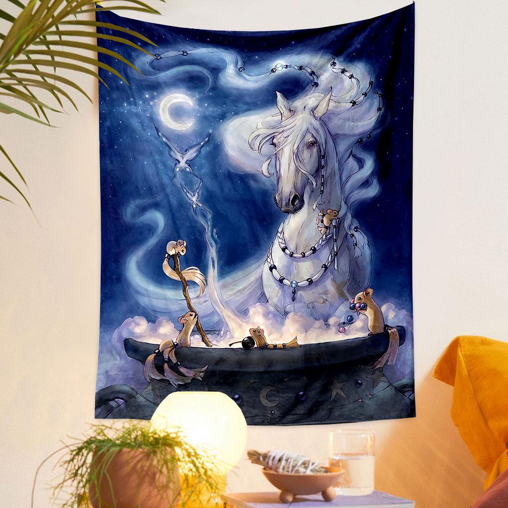 "Magical White Horse and Moonlit Sky" Patterned tapestry home decor, suitable for bedroom and living room, gift