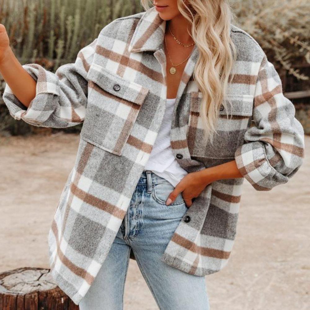 Autumn and Winter Women's Shirt Jacket Plaid Button Flannel Tweed Shirt Jacket Tops