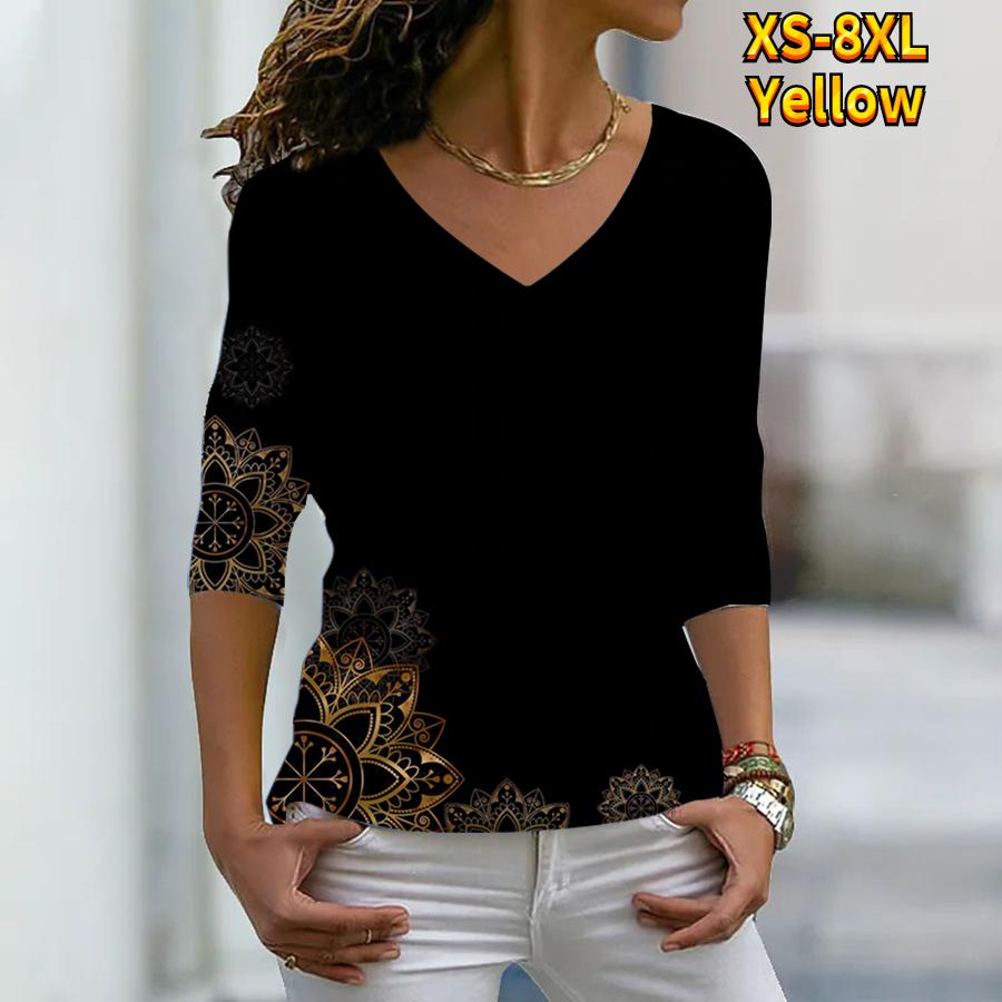 Женские осенние футболки с длинными рукавами с цветочным симметричным принтом подсолнечника, свободные футболки с v-образным вырезом размера плюс, топы, удобная блузка