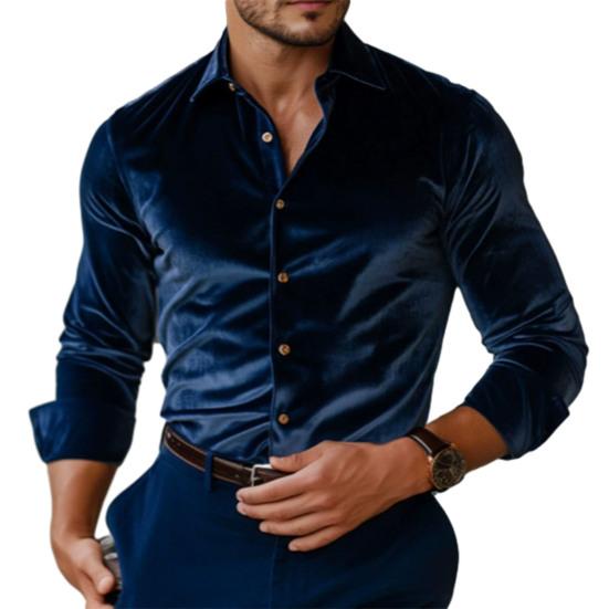 Мужская бархатная рубашка с длинными рукавами, на пуговицах, с отворотами, однотонная, повседневная, формальная, для вечеринок, свиданий, офиса.