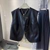 Women Simple Loose Commuter Patchwork Vest Pu Leather Streetwear Sleeveless Button Jacket