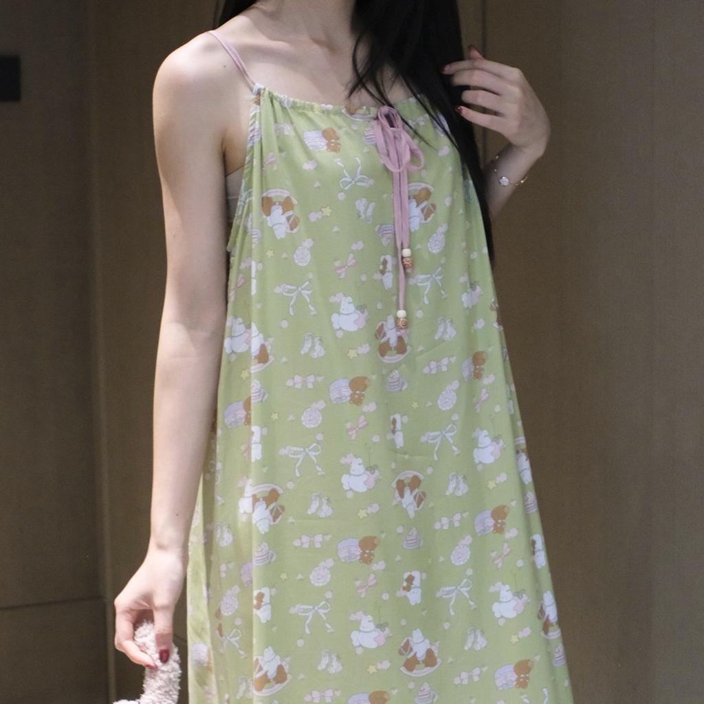 Sweet small fresh cotton and silk floral suspender dress women's summer medium and long vacation style small dress thin