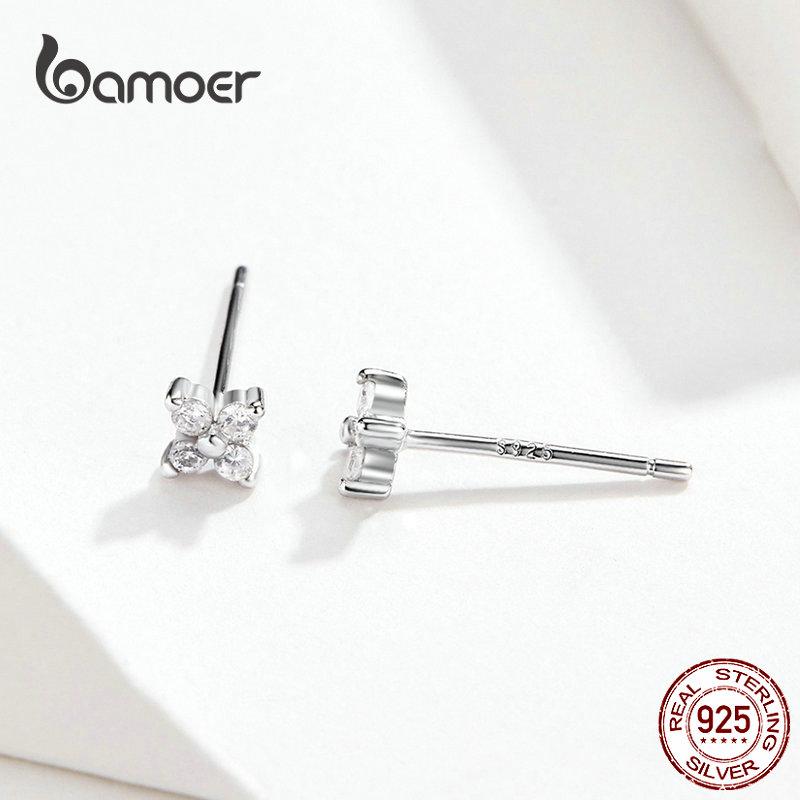 bamoer Tiny Ear Stud for Girl Genuine 925 Sterling Silver Clear CZ Flower Stud Earrings Easy Office Lady Week Jewelry SCE648