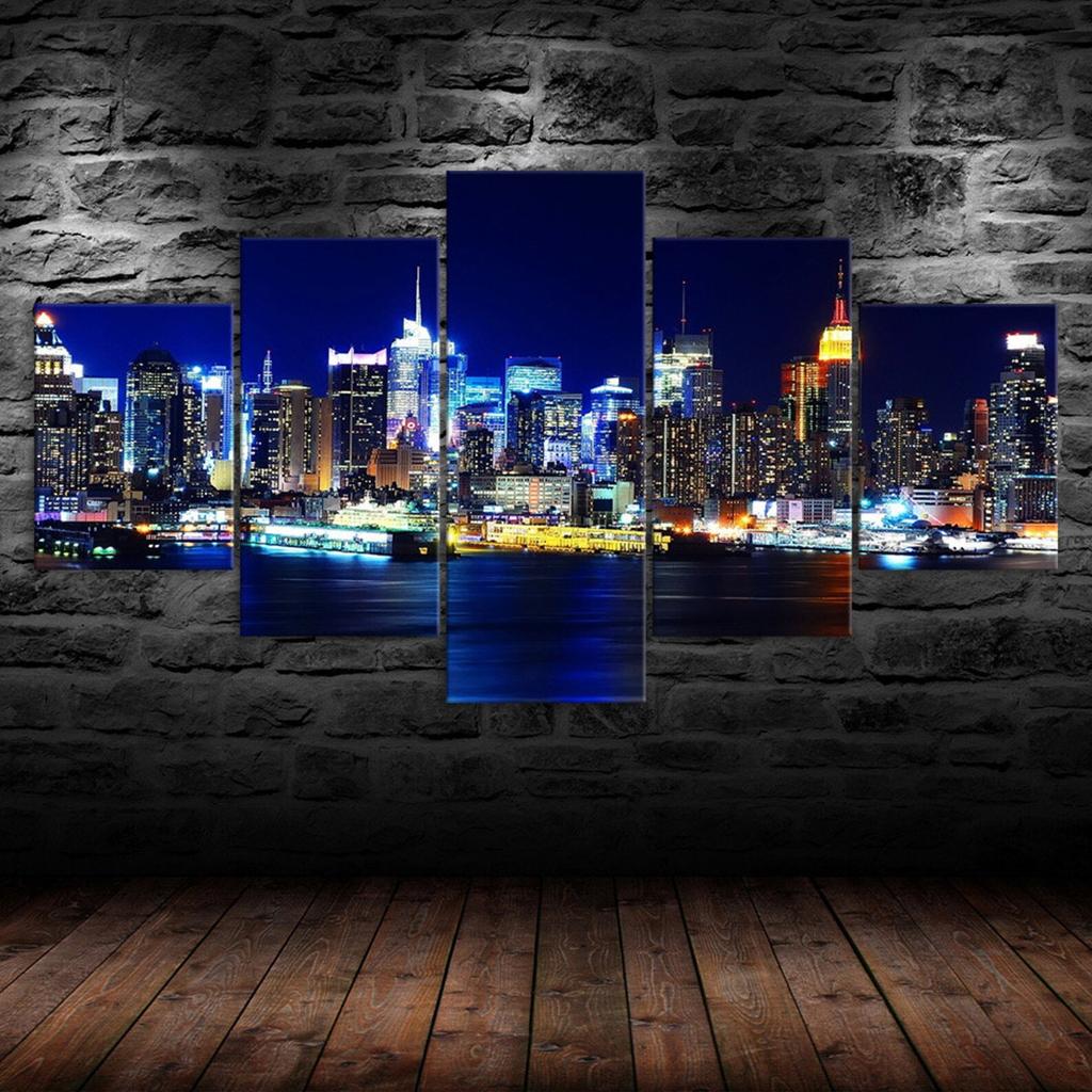 New York City Skyline Hudson River Night View 5 Piece Five Panel Wall Canvas Print Modern Art Poster Picture Home Decor Gift For Him For Her