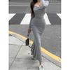 Серое вязаное платье с длинным рукавом и квадратным вырезом женское осеннее чистое желание пряная юбка сексуальное облегающее талию бедра платье-русалка