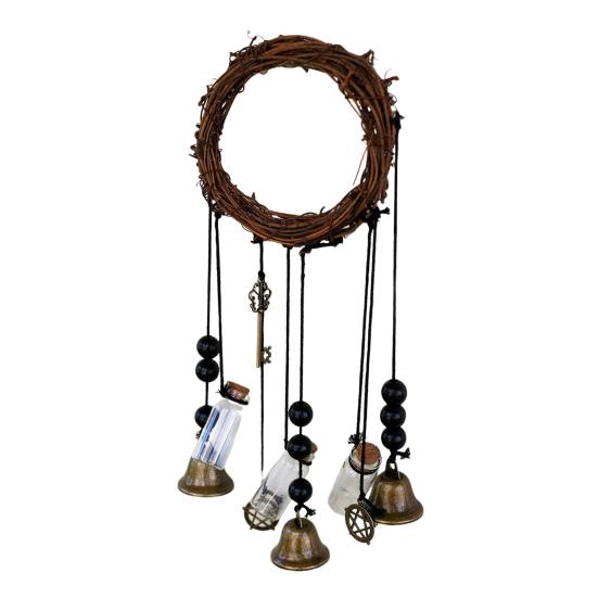 Дверная ручка, ведьмин колокольчик, защита дома, подвесной колокольчик ручной работы, бутылка желаний, венок из ротанга, вешалка для двери, украшение в виде колокольчика ветра в стиле Викка