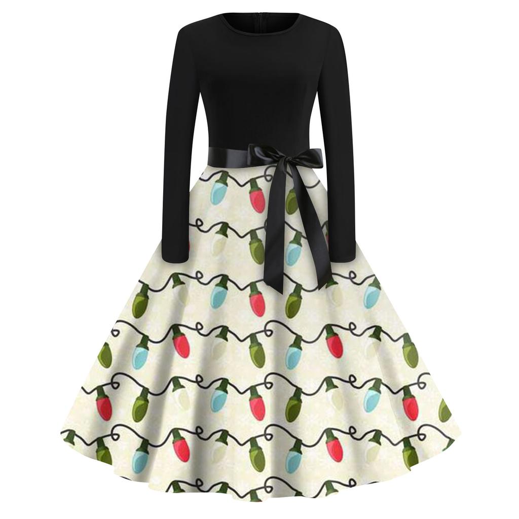 Женская мода с круглым вырезом, повседневные тонкие рождественские платья с длинным рукавом и принтом