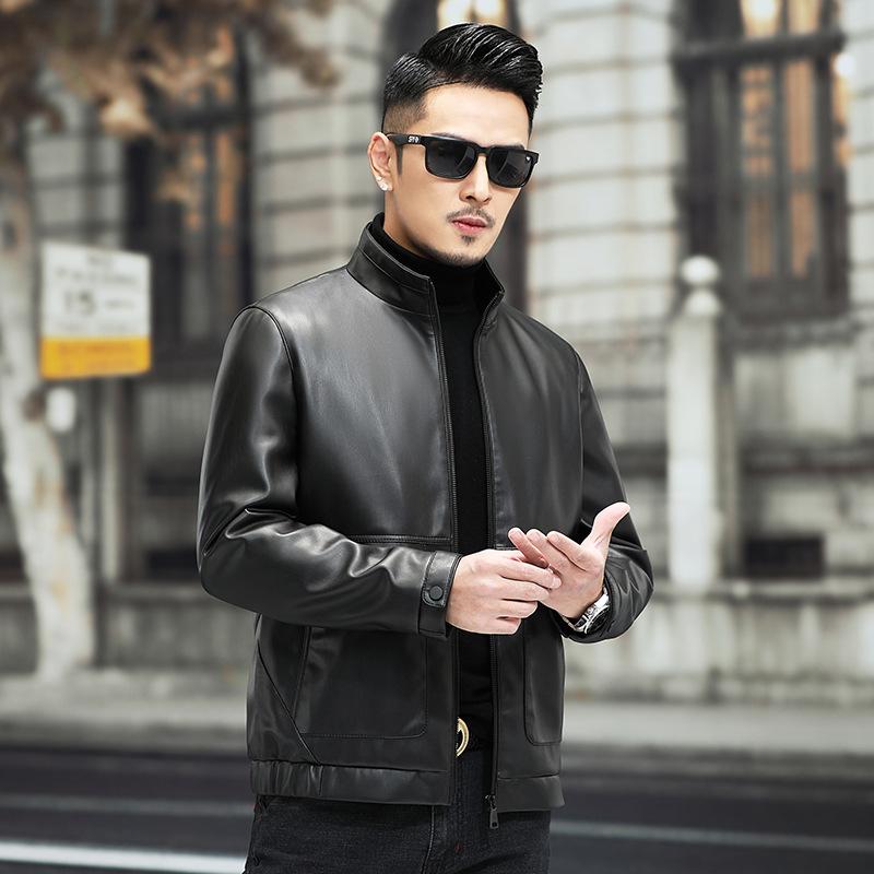 Новое кожаное пальто из овчины, мужская весенне-осенняя кожаная куртка с бейсбольным воротником, мужская тонкая мягкая кожаная куртка, тренд
