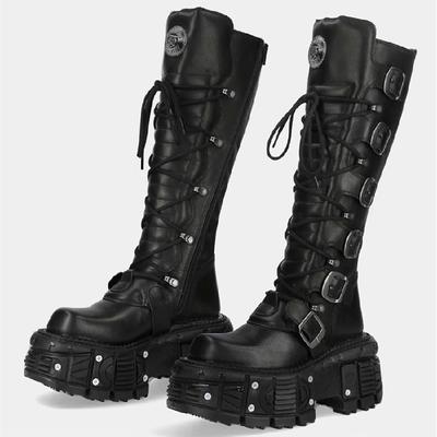 Модная пряжка ремня Мотоциклетные сапоги До колена Рок Панк Круглый носок Толстая подошва Кожа Однотонный Мода Сексуальная женская обувь Новинка