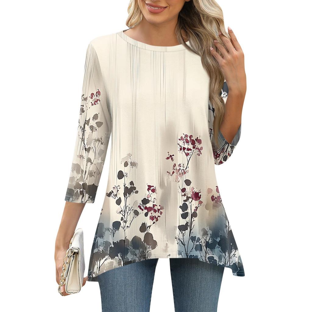 3/4 рукав туника топы для женщин принтованный повседневный выходной свободный крой модная базовая футболка с круглым вырезом