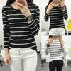 Women Korean Version Loose Stripe Long Sleeve  Bottoming Shirt Casual Tops